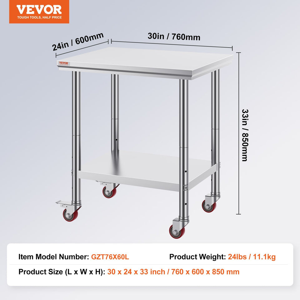 VEVOR Stainless Steel Work Table With Wheels 24 X 30 Prep Table With Casters Heavy Duty Work Table For Commercial Kitchen Restaurant Business  24 X 30 X 33.8 Inch
