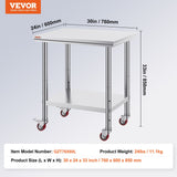 VEVOR Stainless Steel Work Table With Wheels 24 X 30 Prep Table With Casters Heavy Duty Work Table For Commercial Kitchen Restaurant Business  24 X 30 X 33.8 Inch