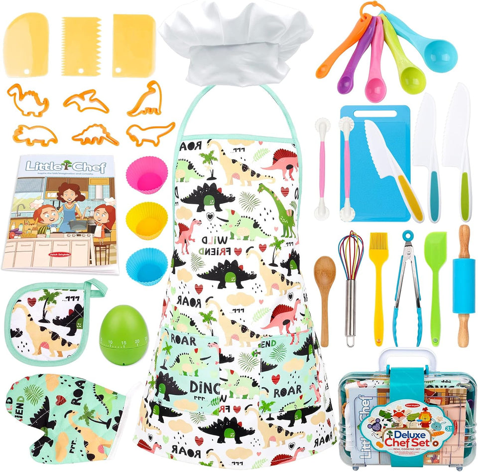 Kids Cooking Baking Set for Girl Boy, Real Baking Supplies Kits, Birthday Gifts for 3+ Year Old Girls, Kids Baking Utensils Includes Rolling Pins Chef Costume Hat and Apron Dinosaur