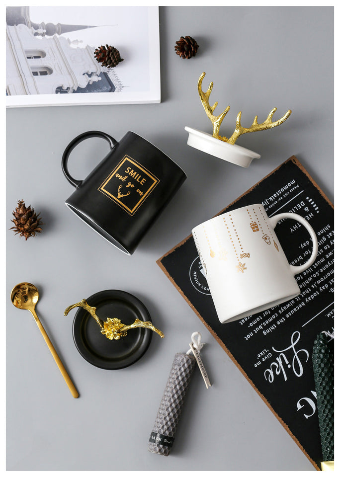 Nordic Couple Mug Porcelain Cup Golden Antlers Cover Home Spoon With Lid Milk Coffee Cup Drinking Glass Black White Ceramic Mug