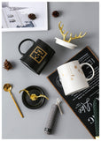 Nordic Couple Mug Porcelain Cup Golden Antlers Cover Home Spoon With Lid Milk Coffee Cup Drinking Glass Black White Ceramic Mug