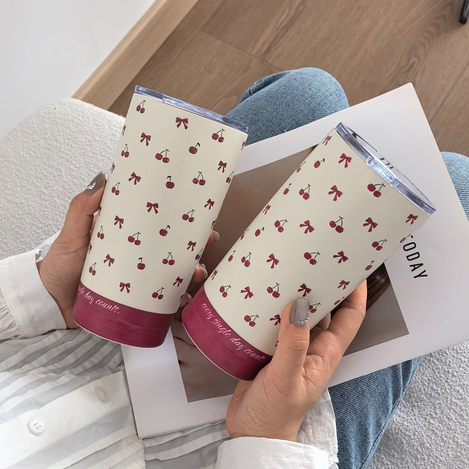 Charming Cherry Bowls Travel Mug: 600ml/20.29OZ, Double-Walled Stainless Steel, Hand Wash Only, Perfect for Coffee, Tea, or Cold Drinks - Great for Travel, Gym, or Outdoor Activities