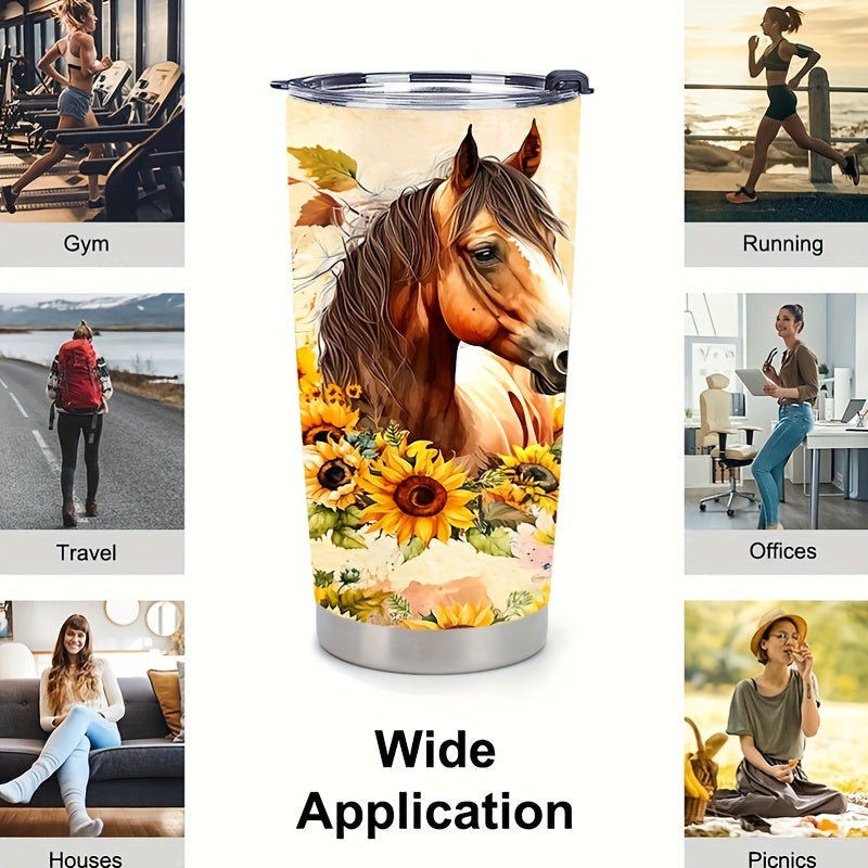 304 Stainless Steel Travel Tumbler, Double-Walled Vacuum Insulated Cup with 3D Horse Print, Leak-Proof Lid, Keeps Beverages Hot or Cold, Ideal for Coffee, Tea, Juice