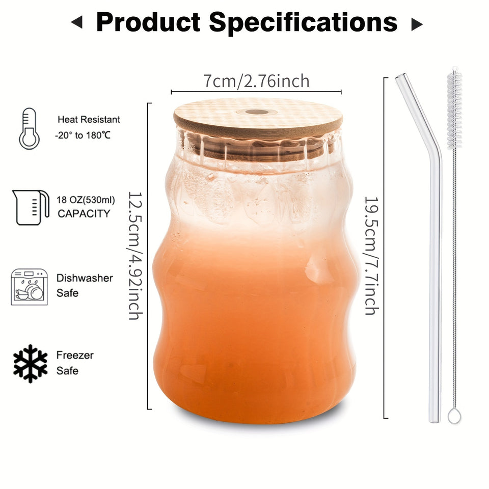 8PCS, Ribbed Drinking Glass Cups with Straws Set, 18 oz Aesthetic Iced Coffee Glasses, Wave Bubble Glasses Tumbler, Ripple Glassware, Beer Glasses for Coctail, Milk, Soda, Gift with Brush