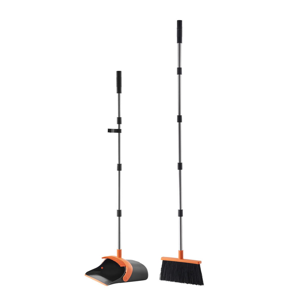 Broom And Dustpan Set, Heavy Duty Dustpan And Broom Combo With Self-Cleaning Teeth, Metal Upright Standing Dust Pan With Long Handle, Ideal For Home, Restaurant, Office, Dorm, Black Orange