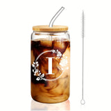 1pc Alphabet Letter A-Z Glass Coffee Mug - 16oz Large Capacity, Bamboo Lid, Straw, and Handle - Perfect for Office, Home, Birthday, Bridesmaid, Thanksgiving, Christmas, Eid Al-Adha Mubarak, and Party Use