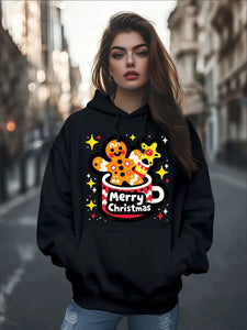 Women's Fashion Christmas Cute Cartoon Gingerbread Man Stars Coffee Mug Print Hoodies Long Sleeve Hood Sweatshirt Loose Fit Tops Fall Streetwear
