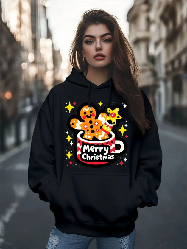 Women's Fashion Christmas Cute Cartoon Gingerbread Man Stars Coffee Mug Print Hoodies Long Sleeve Hood Sweatshirt Loose Fit Tops Fall Streetwear