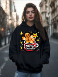Women's Fashion Christmas Cute Cartoon Gingerbread Man Stars Coffee Mug Print Hoodies Long Sleeve Hood Sweatshirt Loose Fit Tops Fall Streetwear