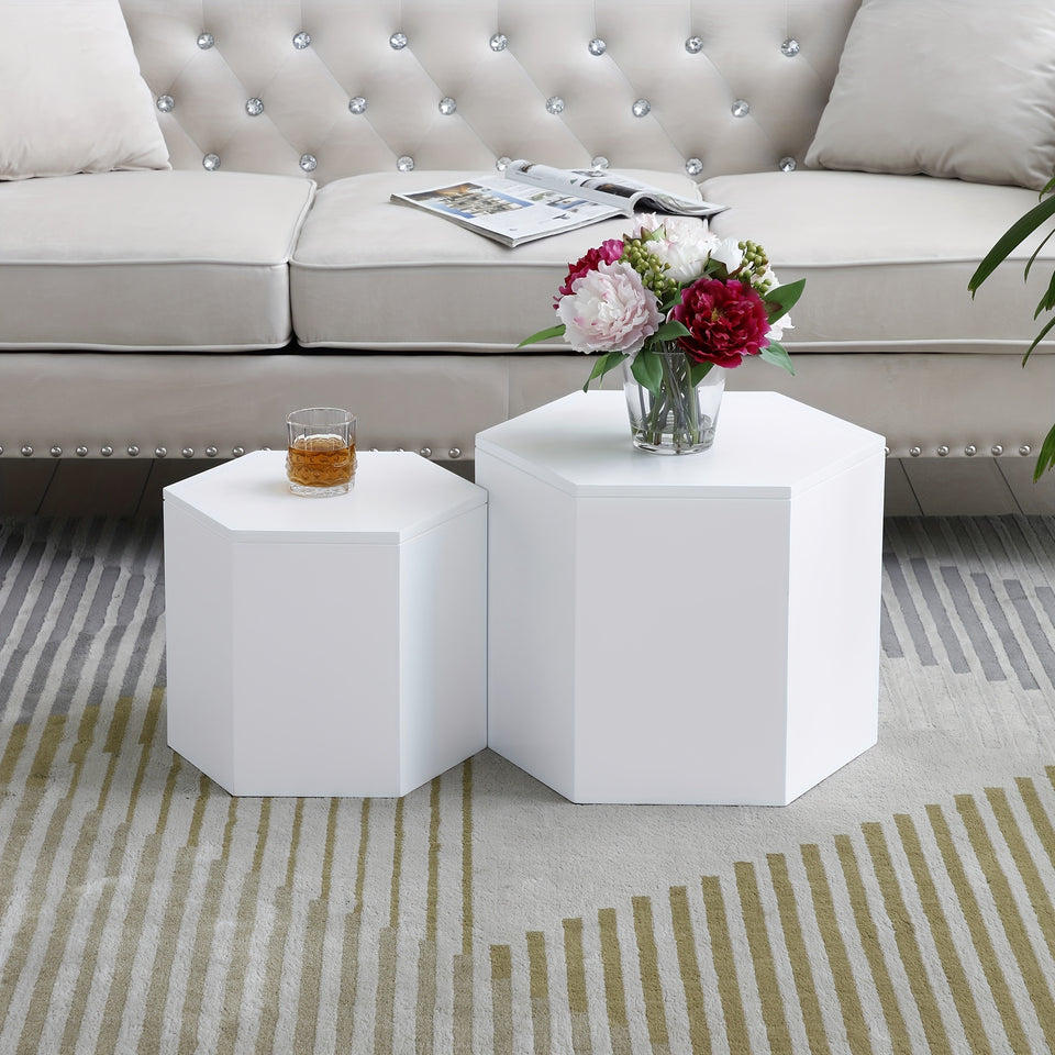 Modern Nesting Coffee Table Set, Round & Hexagonal Wooden Design, Perfect For Small Living Spaces, Two Circular Side Tables Or Stylish Hexagonal Side Tables