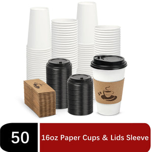 Disposable Paper Cups with Lids, Sleeve 16 Oz 50 Count Insulated