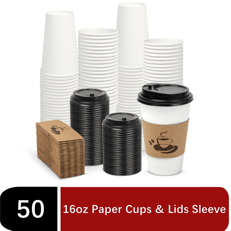 Disposable Paper Cups with Lids, Sleeve 16 Oz 50 Count Insulated