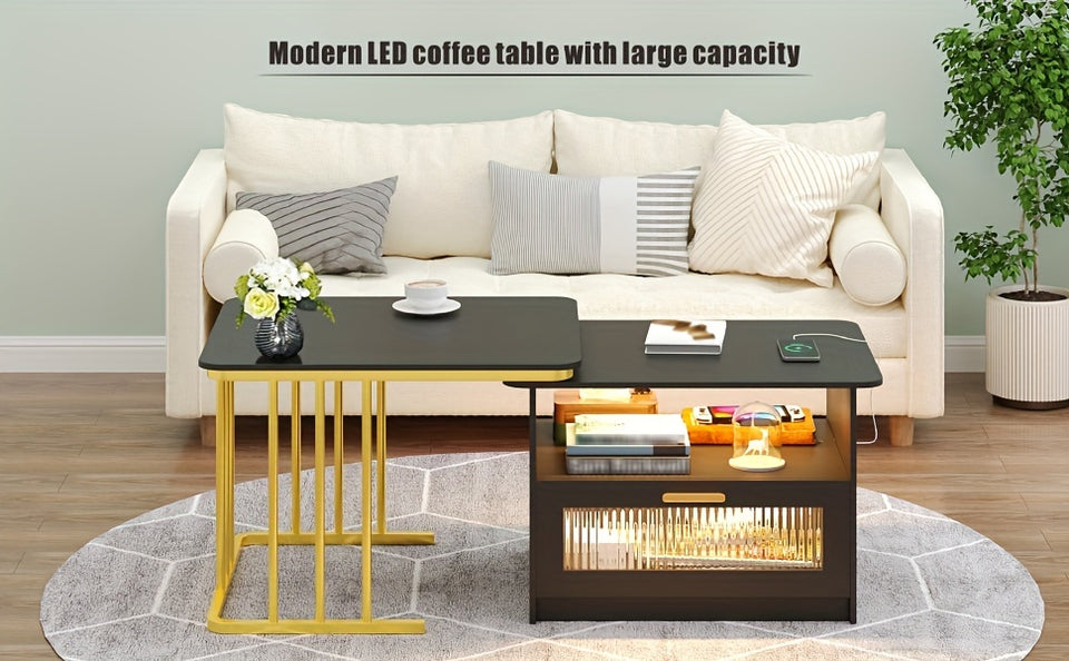 Modern Square LED Coffee Table with Storage - Auto Sensor 3 Colors Lights, Charging Station, Low Profile, White Finish - Perfect for Living Room, Center Table, Coffee Bar Table