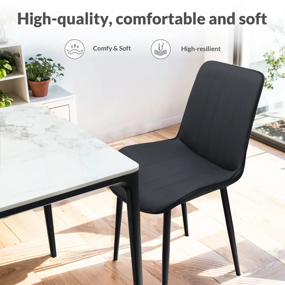 Black PU Leather Dining Chair With Metal Legs, Wave Pattern Upholstered Armless Chair Set Of 4 For Kitchen, Restaurant, Living, Meeting Room