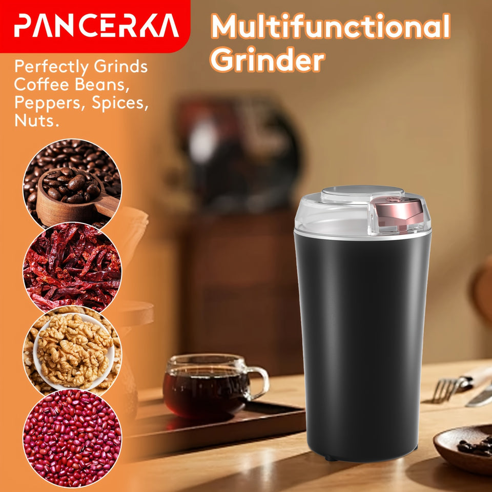 PANCERKA Semi-Automatic Electric Coffee Grinder, Stainless Steel Spice & Nut Mill with One-Touch Push-Button Operation, Reusable Filter, 110-130V US Plug, Includes Integrated Cleaning Brush