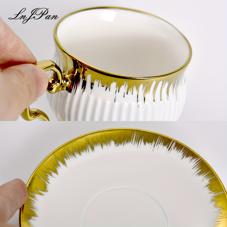 Middle East Style Ceramic Coffee Mug and Saucer Sets for Afternoon Coffee Time in Golden Design Set of 6, 3.38oz