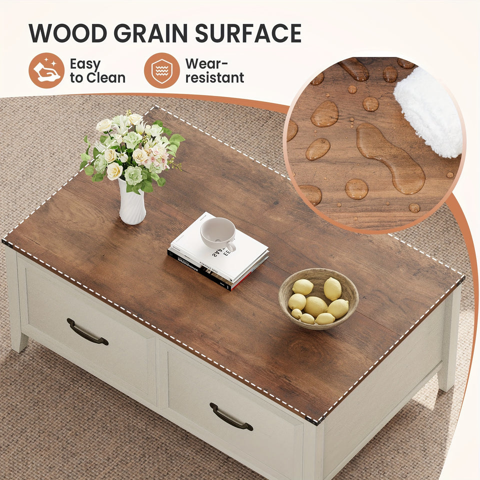 Farmhouse Coffee Table, 43'' Hinged Lift Top Wood Center Table with Large Hidden Storage & 2 Drawers for Living Room