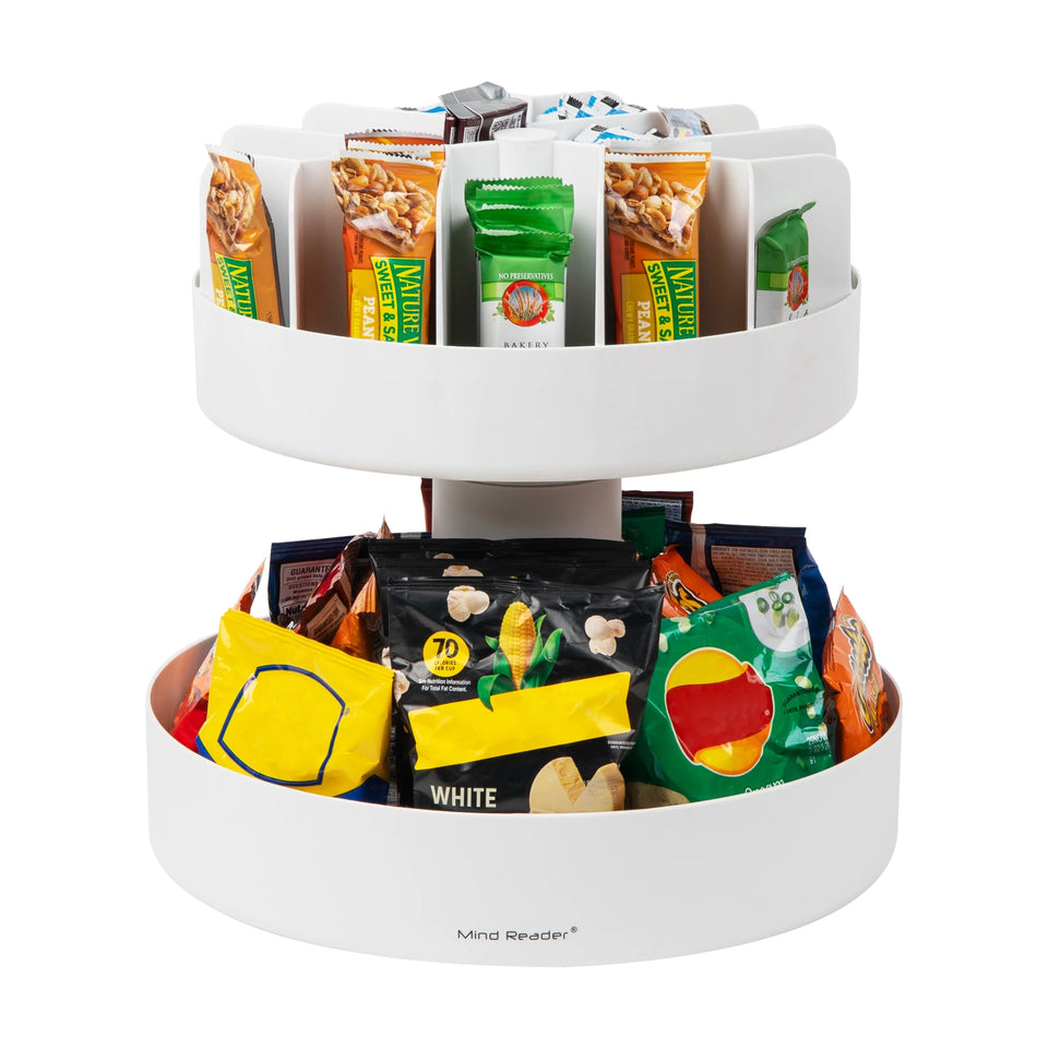 2 Tier Lazy Susan Granola Bar and Snack Organizer, Home, Office, Plastic, White