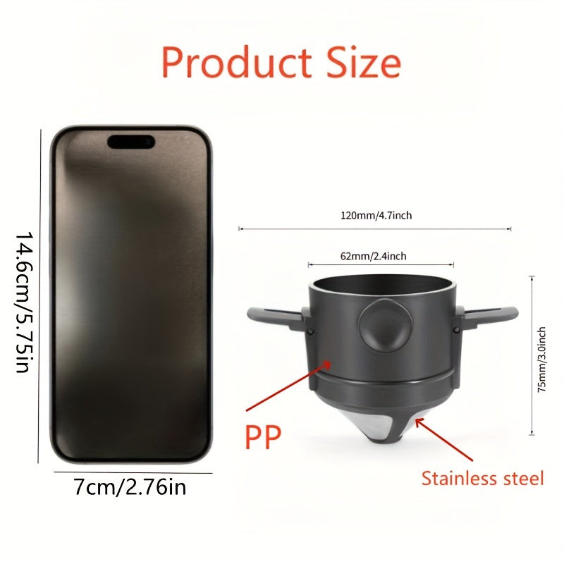 Stainless Steel Portable Coffee Filter Cup - Foldable, Hand-Flush Design with Ear Hook for Easy Hanging, No Paper Needed