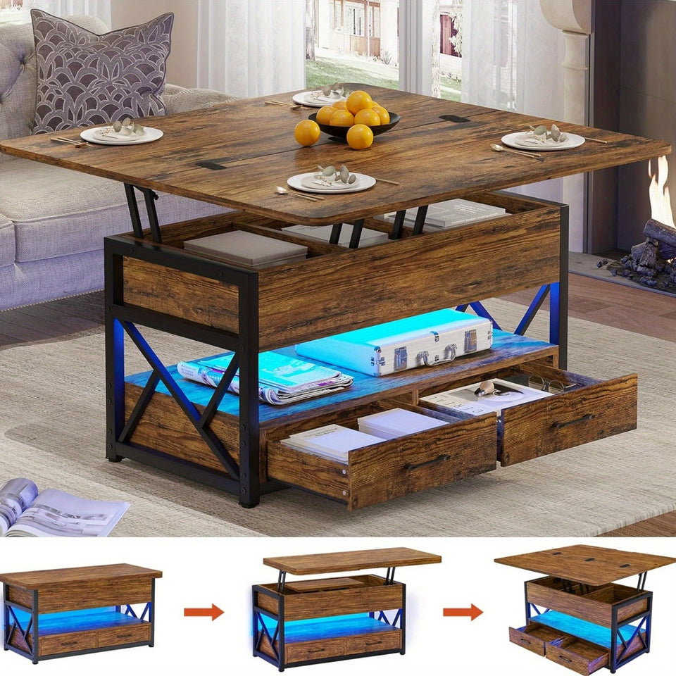 Lift Top Coffee Table with Storage, Small Farmhouse Coffee Table, 4-in-1 with 2 Drawers & LED Light, for Living Room Dining Reception Room, 40", White Brown Black