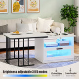 Modern Square LED Coffee Table with Storage - Auto Sensor 3 Colors Lights, Charging Station, Low Profile, White Finish - Perfect for Living Room, Center Table, Coffee Bar Table