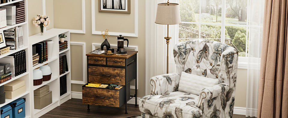 Bedside Table with 4 Drawers Small Storage Cabinet Suitable for Bedroom, Living Room, Coffee Table Side Table Retro Brown Bedside Table