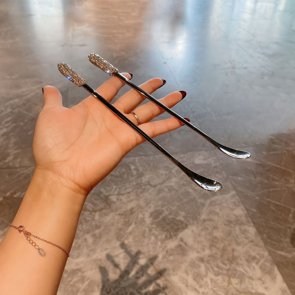 1pc Portable Universal Stirring Spoon High-looking Light Luxury Artificial Diamond Long Handle Stirring Spoon 304 Stainless Steel Extended Coffee Spoon Creative Dessert Honey Spoon