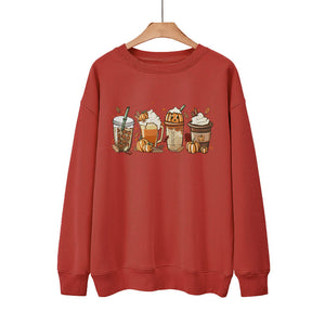 New Coffee Pumpkin Halloween Street Spring Autumn And Winter Round Neck Loose Casual Pullover
