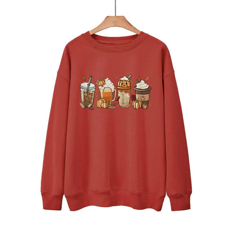 New Coffee Pumpkin Halloween Street Spring Autumn And Winter Round Neck Loose Casual Pullover