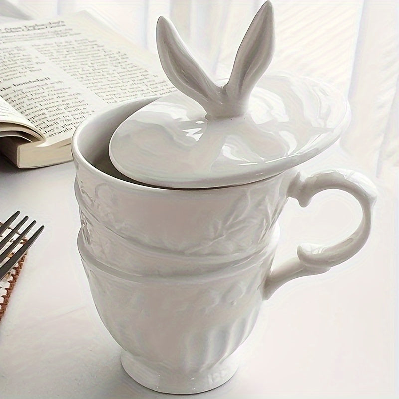Charming Alice Rabbit Ears Ceramic Mug - 11.83oz, Insulated Coffee & Milk Cup with Lid and Handle, Microwave Safe, Perfect for Afternoon Tea, Home Kitchen Accessory
