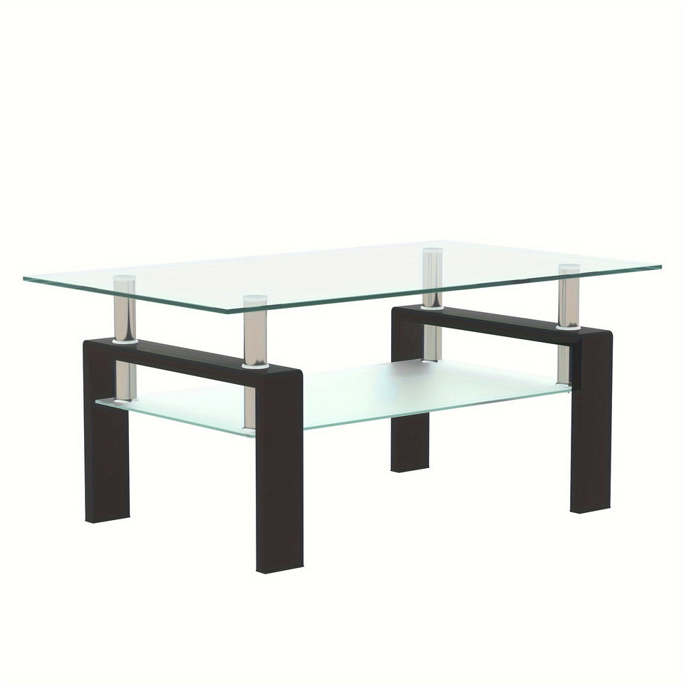1pc JESAHAI Rectangle Glass Coffee Table, Clear Tempered Glass Side Center Tables with Black Metal Legs for Living Room