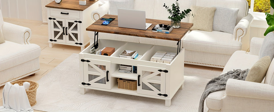 Lift Top Coffee Table with RGB Lights, Farmhouse Coffee Table with Charging Station, Dining Table with Large Hidden Storage Shelf for Living Room, 22" (55.8cm) D x 40.1"(101.85cm) W x 19" (48.26cm) H