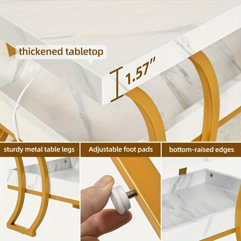 HOMIFLEX Coffee Table Modern Coffee Tables for Living Room White Marble Coffee Table Led Coffee Table with Storage 2-Tier Wood Center Table, Gold and White