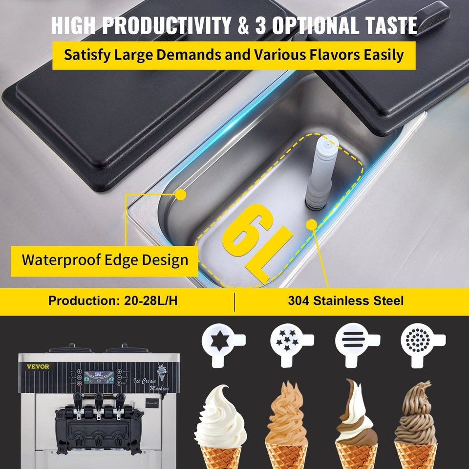 VEVOR Commercial Ice Cream Machine 5.3 To 7.4Gal Per Hour Soft Serve With LED Display Auto Clean 3 Flavors Perfect For Restaurants Snack Bar, 2200W, Sliver