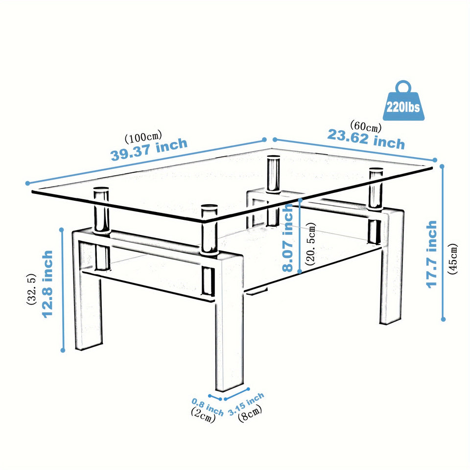 1pc JESAHAI Rectangle Glass Coffee Table, Clear Tempered Glass Side Center Tables with Black Metal Legs for Living Room