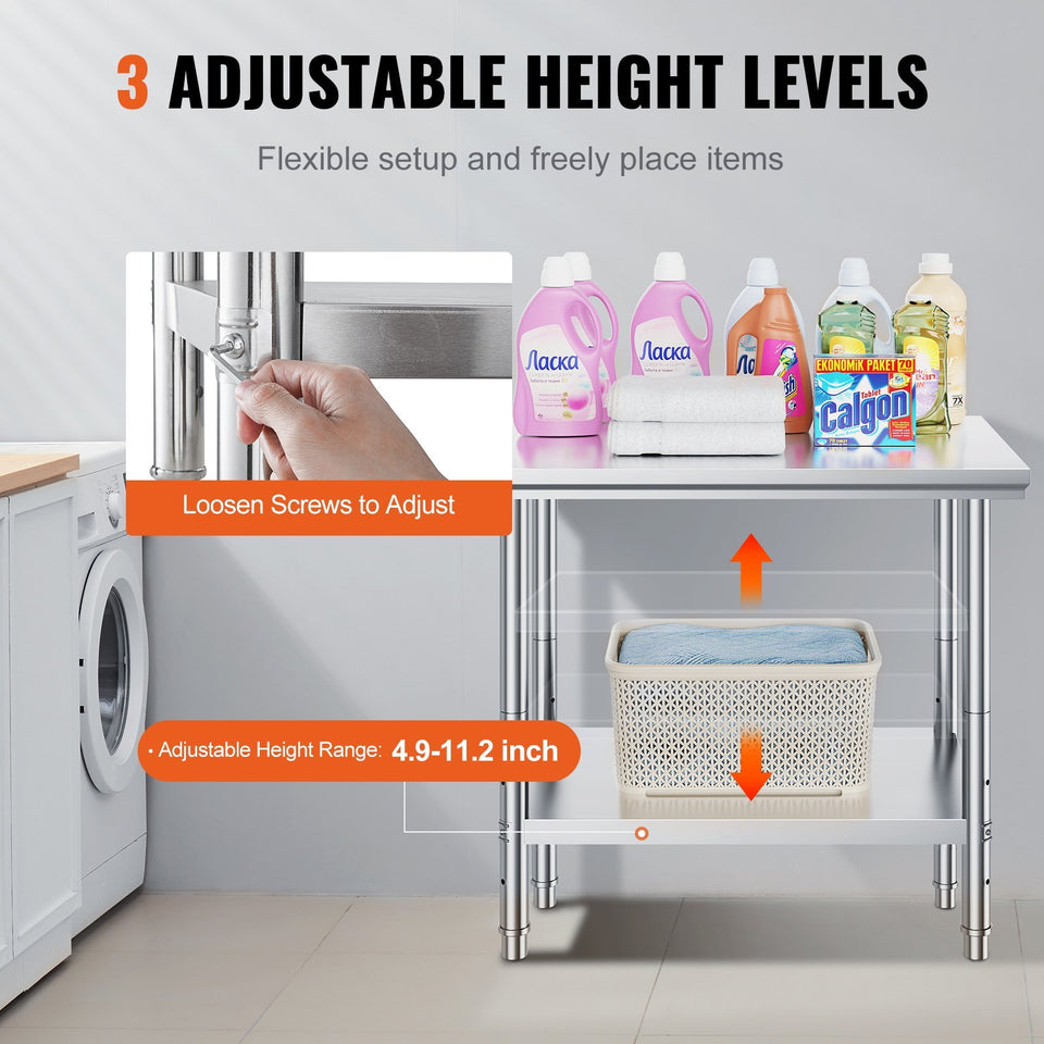 Stainless Steel Prep Table, 35 X 24 X 31 Inch, 700 Lbs Load Capacity, Heavy Duty Metal Worktable With 3 Adjustable Height Levels, Commercial Workstation For Kitchen Garage Restaurant