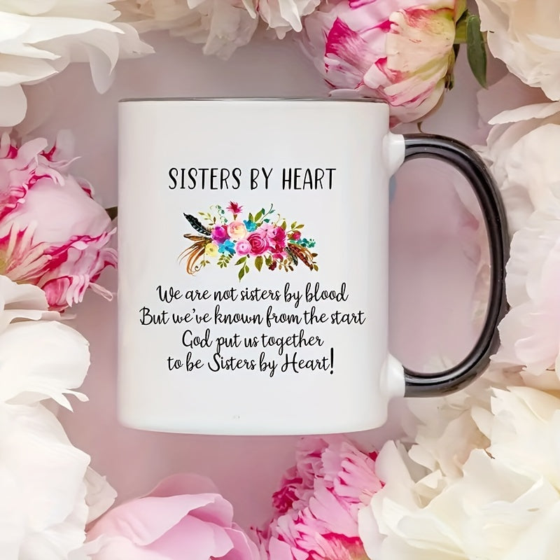 1PC, Vibrant Sisters By Heart Ceramic Coffee Cup - 11oz Capacity, Perfect for Hot and Cold Beverages, Summer and Winter Drinks, Unique Birthday Gift, Household Kitchenware, Durable, Dishwasher and Microwave Safe
