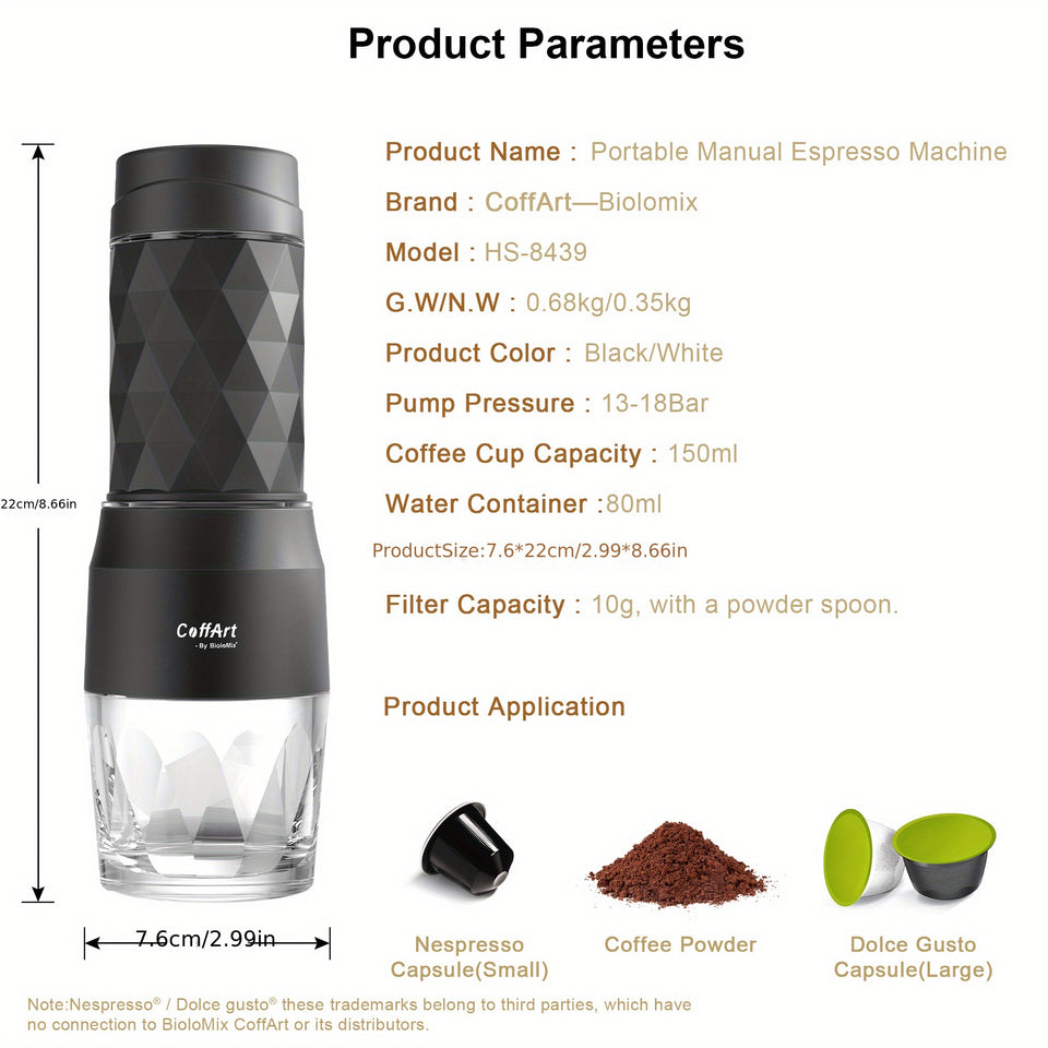 Biolomix Portable Coffee Machine - Hand-Press Espresso Maker with 3-in-1 Functionality, Compact Travel & Picnic Coffee Maker, Durable Plastic, No Electricity Needed, Portable Coffee Maker, Picnic Coffee Equipment, Modern Coff