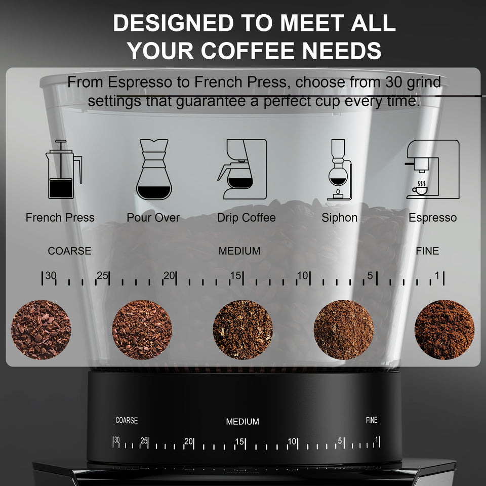 BioloMix Automatic Burr Mill Electric Coffee Grinder With 30 Gears For Espresso American Coffee Pour Over Visual Bean Storage
