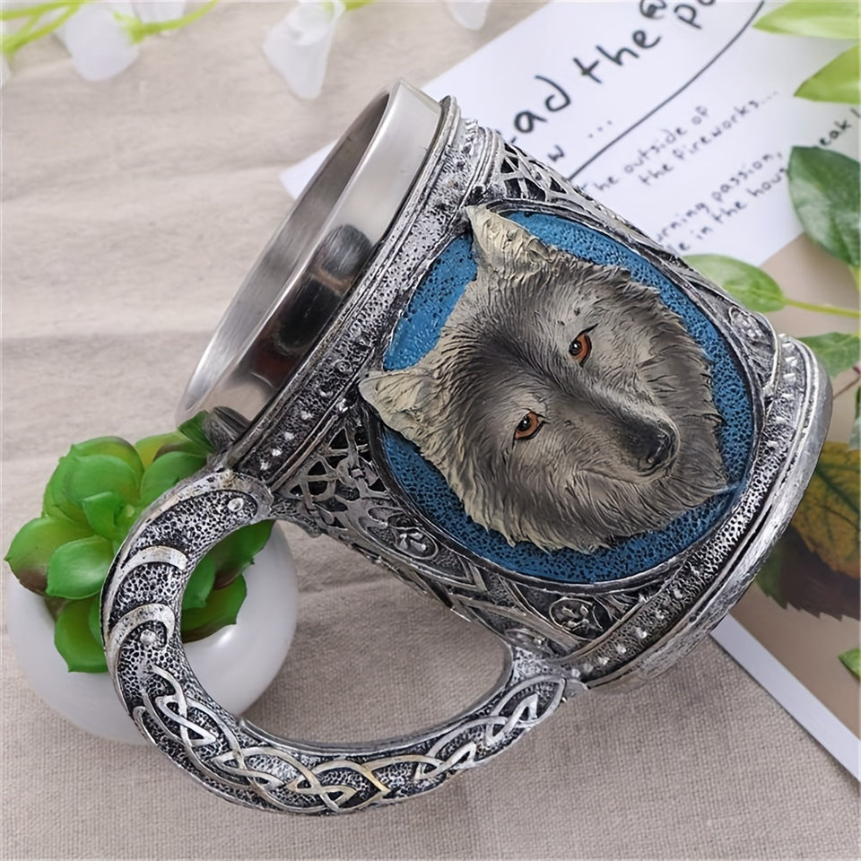 [Wolf Magic Mug] Gray Wolf Celtic Tribe Magic Resin Mug with Stainless Steel Rim | Suitable for Coffee, Tea, Cereal, And Drinks | Perfect for Halloween Parties And Kitchen Decor Featuring Wolf Forest Totem Beer Cup for Bar De