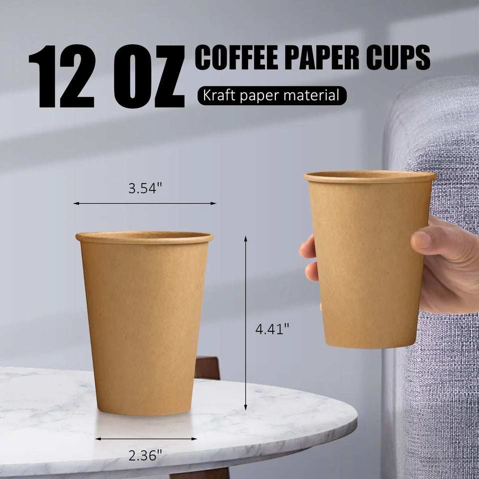 Disposable Paper Cups, to Go Hot Cups, 12 Oz, Kraft,100 Count