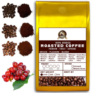 16 OZ Specialty Whole Bean and Ground Coffee Supreme Finest Artisan for Drips Cold Brew Espresso French Press Dark Medium Light Roast from Vanuatu Sumatra Ethiopia Brazil Kenya Colombia Guatemala Burundi Costa Rica East Java El Salvador Honduras etc