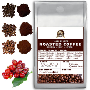 5LB Specialty Whole Bean and Ground Coffee Supreme Finest Artisan for Drips Cold Brew Espresso French Press Dark Medium Light Roast from Vanuatu Sumatra Ethiopia Brazil Kenya Colombia Guatemala Burundi Costa Rica Indonesia Java El Salvador Honduras etc